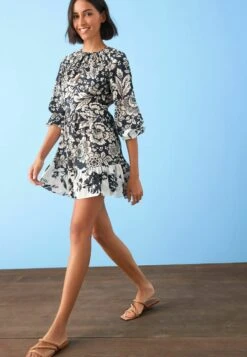Next Long Sleeve Mini Standard - Jurk - Black White Floral -Mode Dames Winkel 436075651c9a42f296ae16a52d772aa8