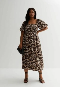 CurvesAnimal Print Shirred Puff Sleeve- Jurk - Black Pattern -Mode Dames Winkel 7b640e3e83514f8c97ad934810c10a2c