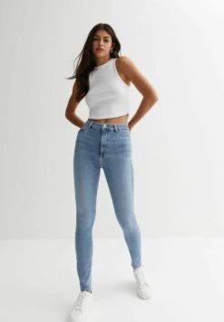 New Look Frayed Hem High Waist Hallie Super- Jeans Skinny Fit - Blue